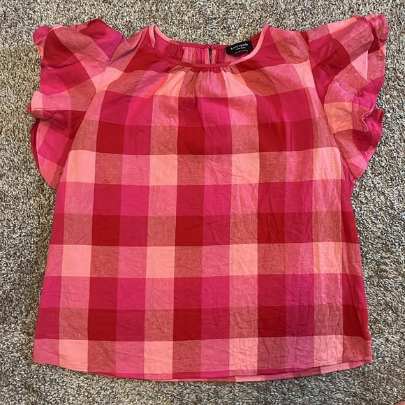 Kate Spade New York pink plaid Picnic woven flutter Sleeve Top size medium - Picture 1 of 9